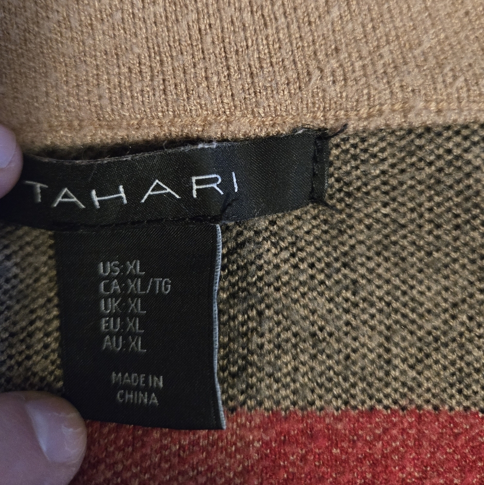 TAHARI PLAID LONG OPEN CARDIGAN - Tan, Black, Red. SIZE XL. - Picture 8 of 9